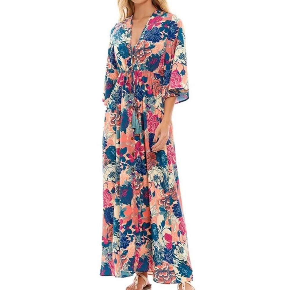 Cosita Linda Beachwear Womens Floral Kimono Dress Sz L Resortwear Summer Vacay